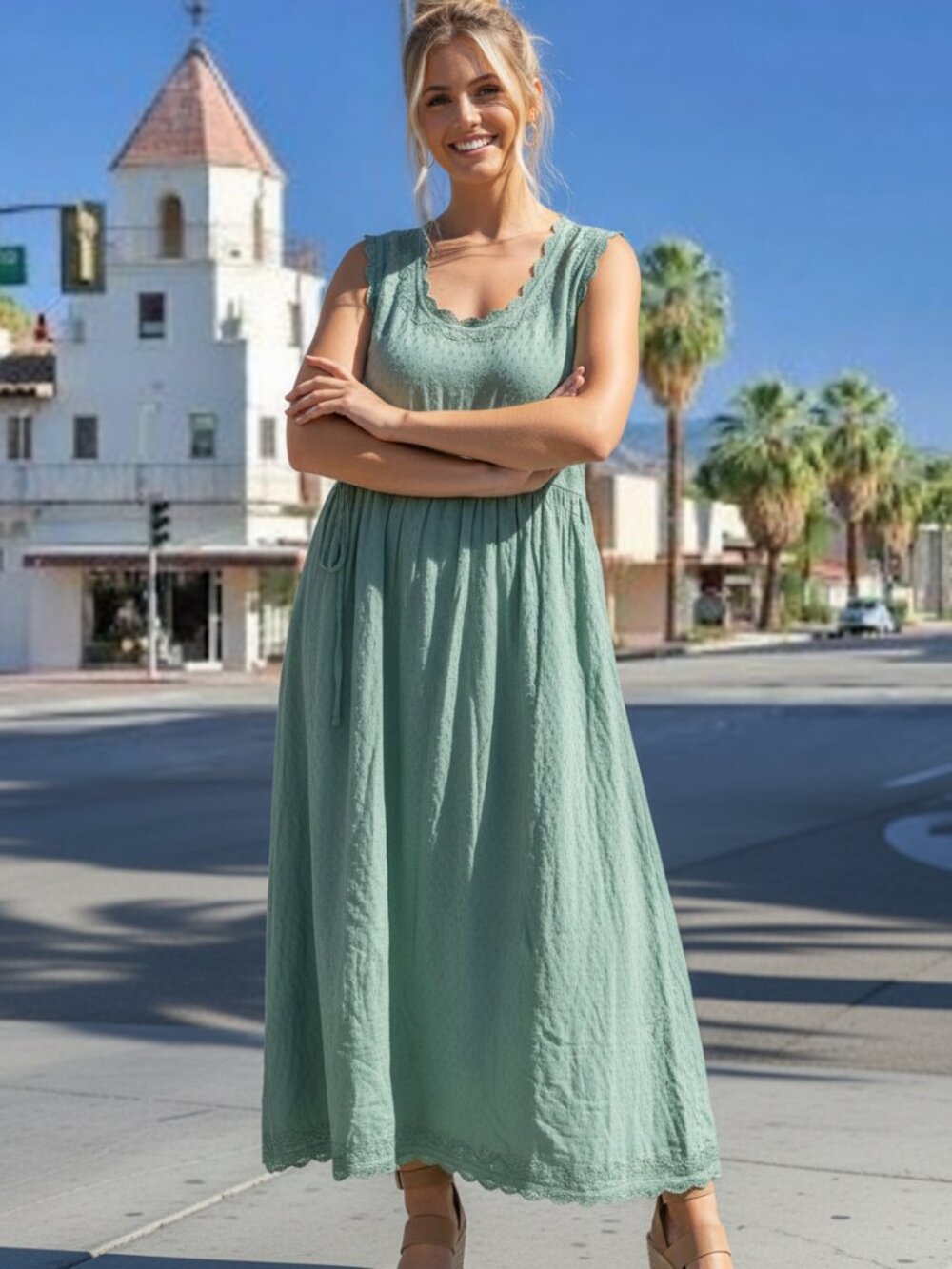 DRA Nocelle Green Embroidered Cotton Midi Dress NWT $148